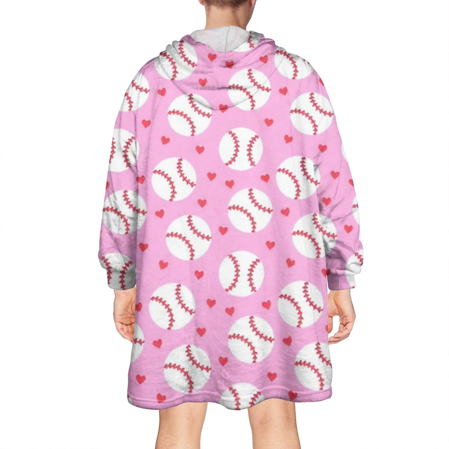 Pink Baseballs Pattern Wearable Oversized Blanket,Wearable Blanket Hoodie for Adults,Cozy Hooded Blankets with Super Pockets,Super Warm Fuzzy Pullover for Women & Men