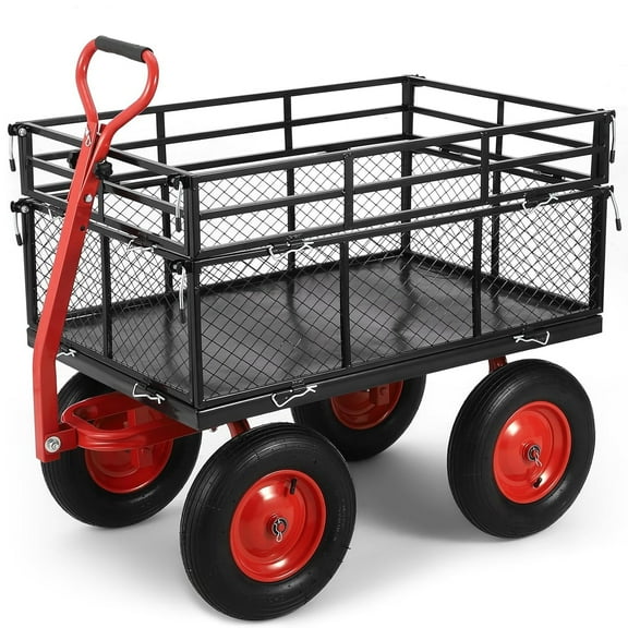 Pinypikaka Steel Garden Cart with Removable Sides and 16 inch Wheels, 1400 Lbs Yard Dump Utility Cart with 2-in-1 Rotating Handle