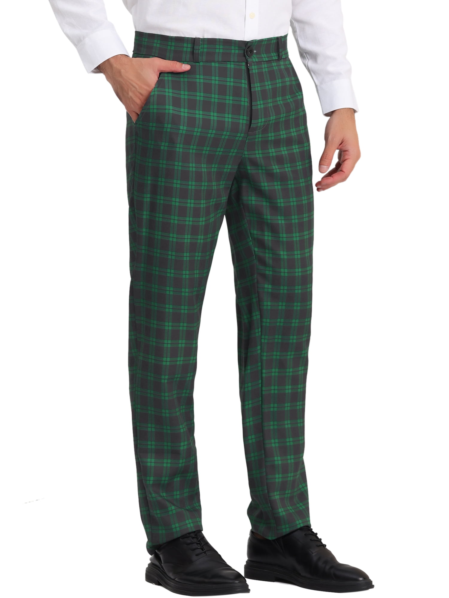 Unique Bargains Men's Flat Front Plaid Pants Formal Business Checked Trousers 36 Green Navy