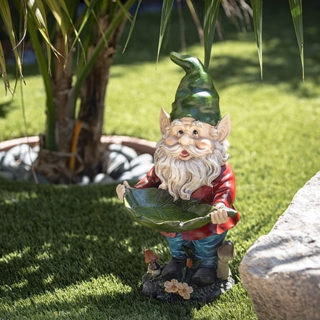 Alpine Corporation Gnome with Leaf Birdfeeder Statue, 16 Inch Tall