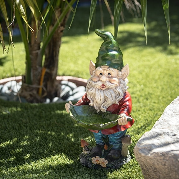Alpine Corporation Gnome with Leaf Birdfeeder Statue, 16 Inch Tall