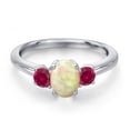 thumbnail image 3 of Gem Stone King 925 Sterling Silver White Ethiopian Opal and Red Created Ruby Engagement Ring for Women | 1.01 Cttw | Oval Cabochon 7X5MM | Gemstone October Birthstone | Size 5, 3 of 6