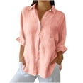 thumbnail image 2 of Horkkom Button Up Shirt Women Summer Long Sleeve Linen Shirts Casual V Neck Loose Cardigan with Pocket Pink 2XL, 2 of 6