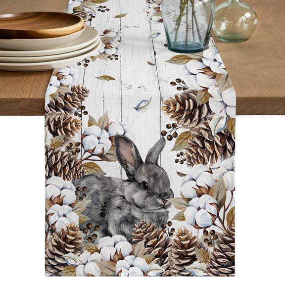 Table Runner 108 Inches Long for Kitchen Dining, Grey Rabbits Dresser Scarf Farmhouse, Dining Table Decorations for Wedding/Parties, Pine Cones Brown Plants Farmhouse Wooden 13 x 108 In