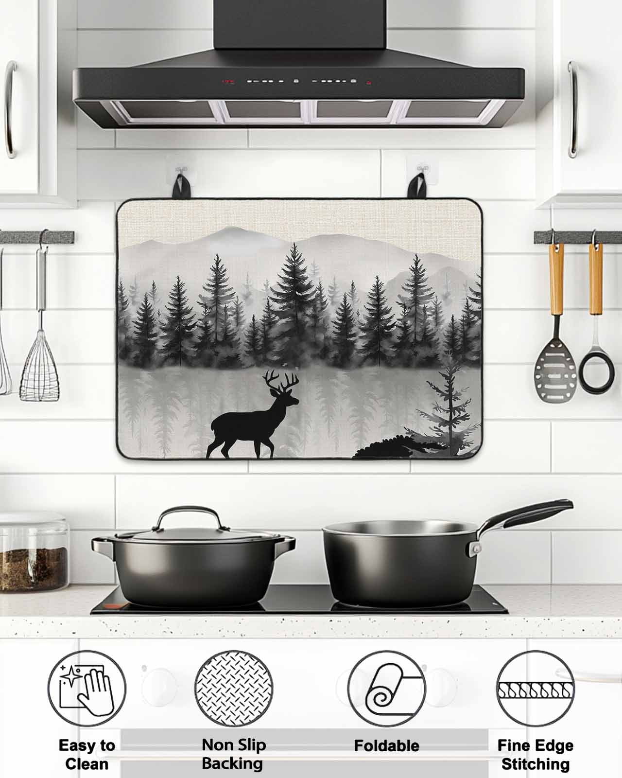 Stove Top Covers for Electric Stove, Deer Forest Glass Stovetop Cover Protector, Farmhouse Vintage Nature Trees Mountain Induction Cooktop Protector Oven Mat for Kitchen Countertop 24"x21"