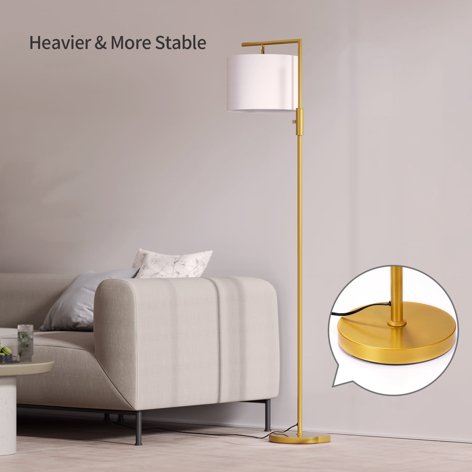 SUNMORY Iron Modern Standing Lamp, Gold Floor Lamp for Living Room, with Rotary Switch, Hanging Shade and 3 Color Temperatures 9W Bulb for Bedroom, Study Room, Office