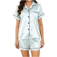 thumbnail image 2 of BaoFuBaoMei Button up Satin Pajamas Women Collared Short Sleeve Top and Shorts Sleepwear 2 Piece Striped Comfy Lounge Set, 2 of 6