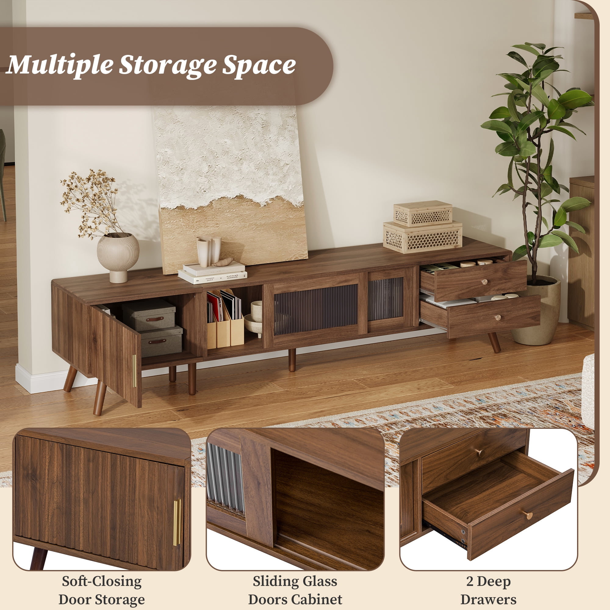 76 Inch Modern Minimal TV Stand for 85 Inch TV, Entertainment Center with Glass Doors and Storage Cabinets, TV Media Console Table for Living Room, Natural Wood