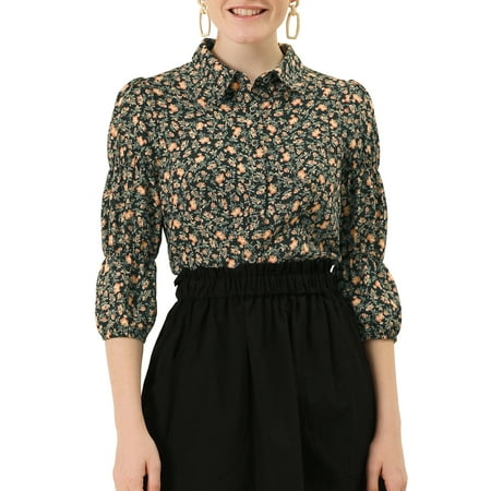 Allegra K Junior's Puff 3/4 Sleeves Button Up Peasant Floral Shirts