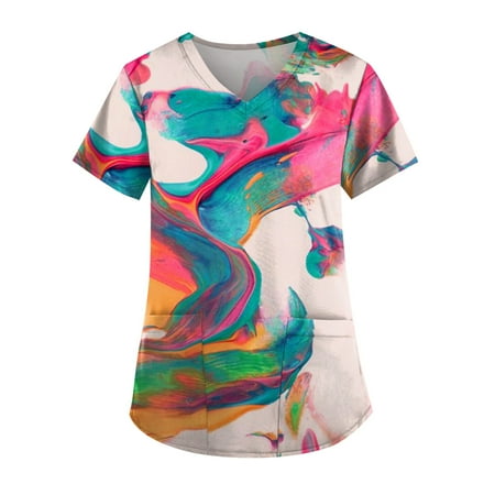 

Yubatuo Independence Day Women Plus Size Scrubs Top with Pockets V-Neck Short Sleeve Printed Work Blouse for Women Sky Blue 3XL