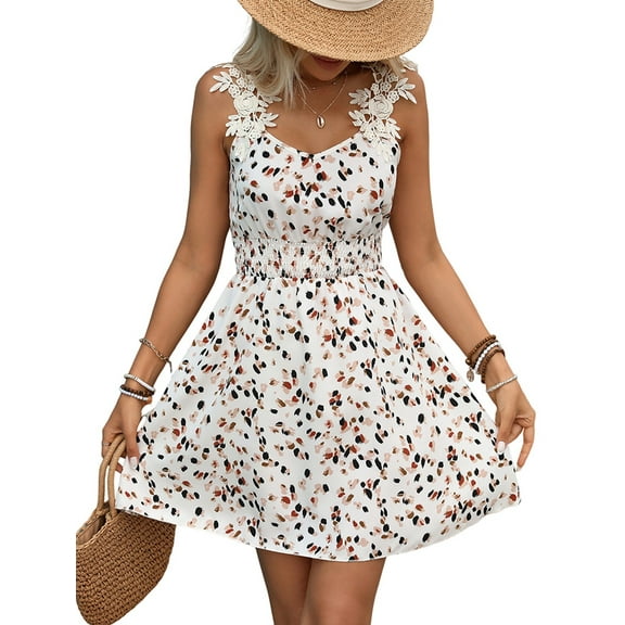 Women'S Summer Lace Floral Print A Line Short Mini Dress Cream White S