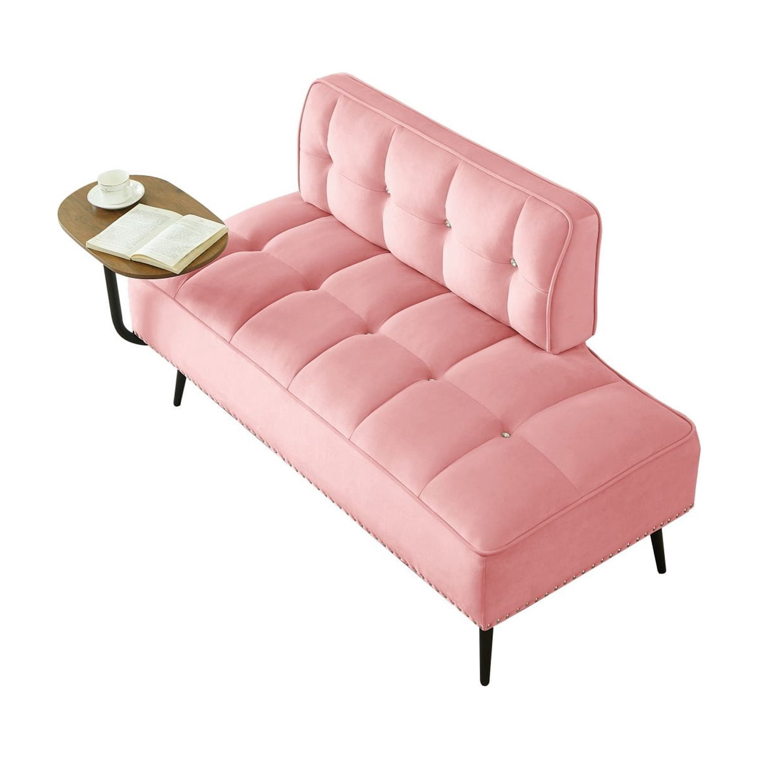 54-Inch Modern 2 Seater Velvet Sofa with 360 Rotating Side Table, Upholstered Couch with Nailhead Trim for Living Room Bedroom Apartment, Pink
