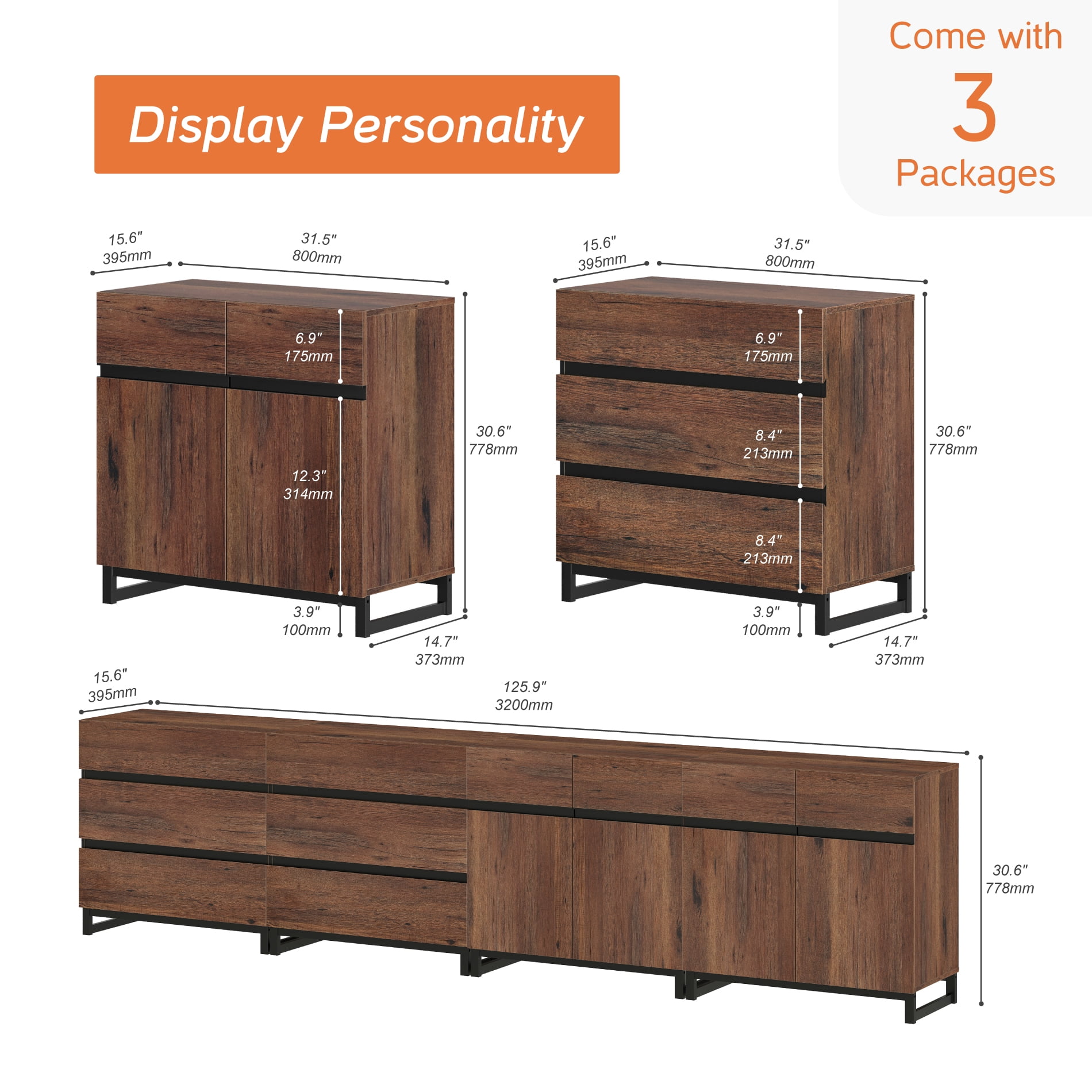 Modern Multifunctional Buffet Sideboard, Storage Cabinet with Hidden Handle & Adjustable Shelves for Home Decor,Brown