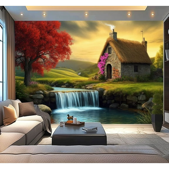 Peel and Stick Wallpaper Beautiful Nature Scene Cottage Mountains Stream Removable Wall Mural Modern Art Wall Mural Decor Self Adhesive and Removable 100in x 144in