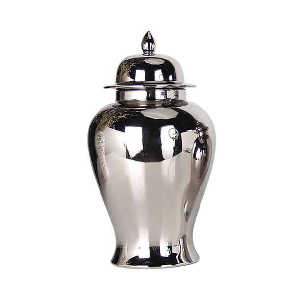 Jarrón de flores de porcelana, tarro de jengibre con tapa, artesanía plateada, versátil y decorativo. Talla L