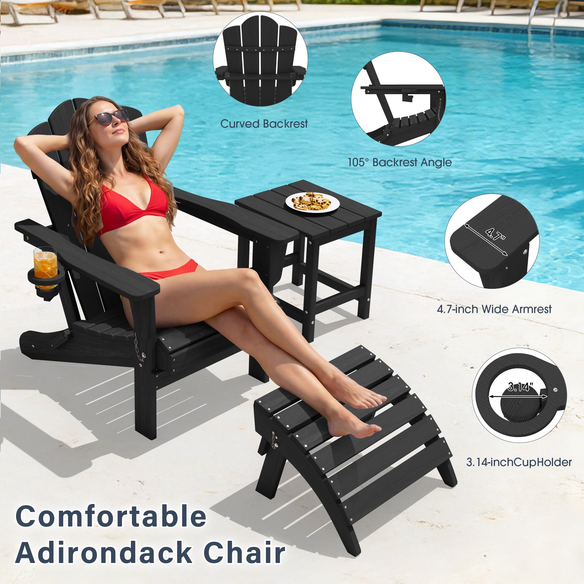 KINGYES Outdoor Folding Adirondack Chair Set of 2 with Cup Holders, HDPE Folding Adirondack Fir Pit Chairs for Patio Garden Backyard Deck, Black