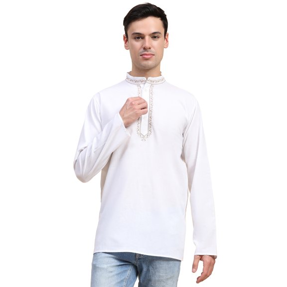 SKAVIJ Mens Cotton Embroidered Shirt Casual Long Sleeve Button Down Shirts Summer Beach Tops (X-Large, White)