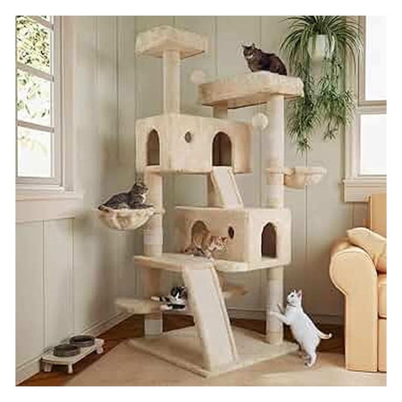 66 Inch Cat Tree Tower for Indoor Cats, Large Multi-Level Cat Condo with Sisal Scratching Posts, Plush Perches, Hammock & Baskets - Beige