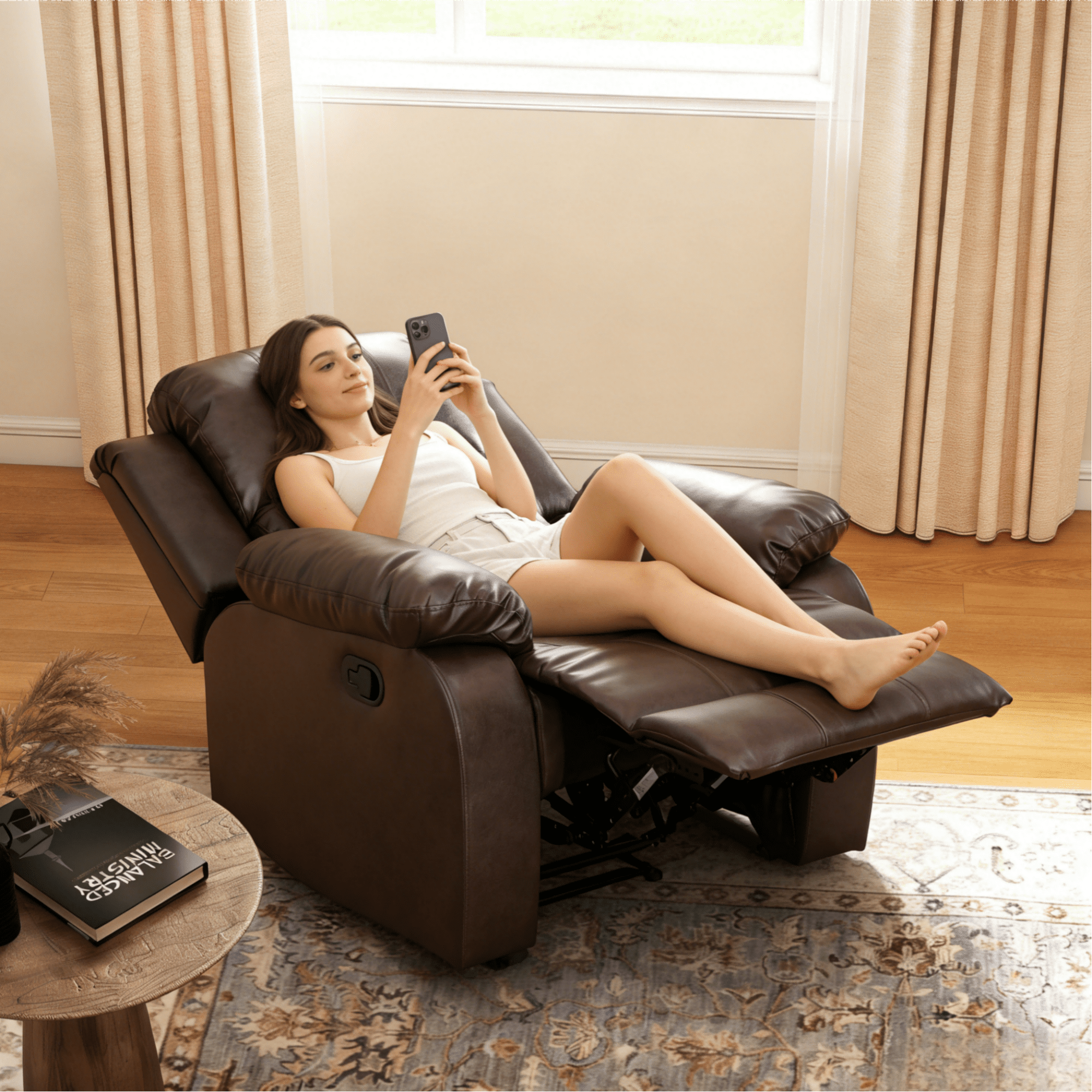 Gewnee PU Manual Recliner Chair Set of 2,Single Sofa Recliners,Adjustable Backrest,Comfort Lazy Chair for Living Room,Bedroom.Brown