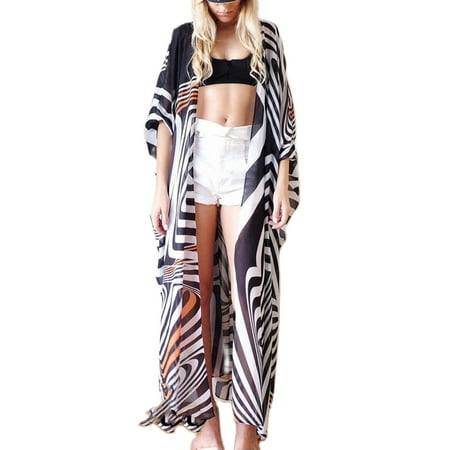 Emmababy Women Boho Chiffon Bikini Long Cover Up Cardigan Swimwear Beach Maxi Long Dress