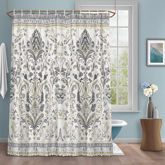Floral Vine Shower Curtain Set with Hooks, Vintage French Country Beige Silver Gray Symmetrical Water Repellent Sturdy Shower Curtains for Bathroom Decoration, Machine Washable 36x72 Inch