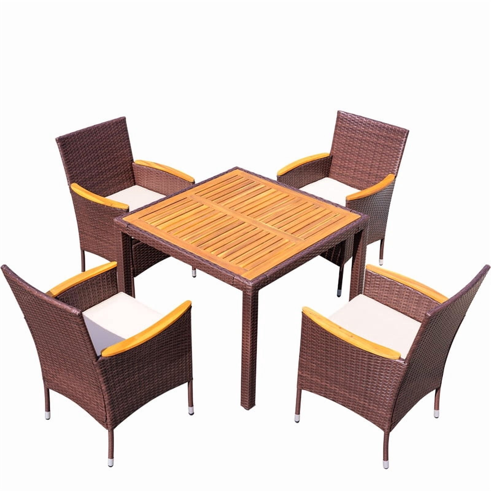 Vineego 5PCS Rattan Outdoor Furniture Set, Acacia Wood Curved Armrest Patio Dining Set with Cushions,Brown
