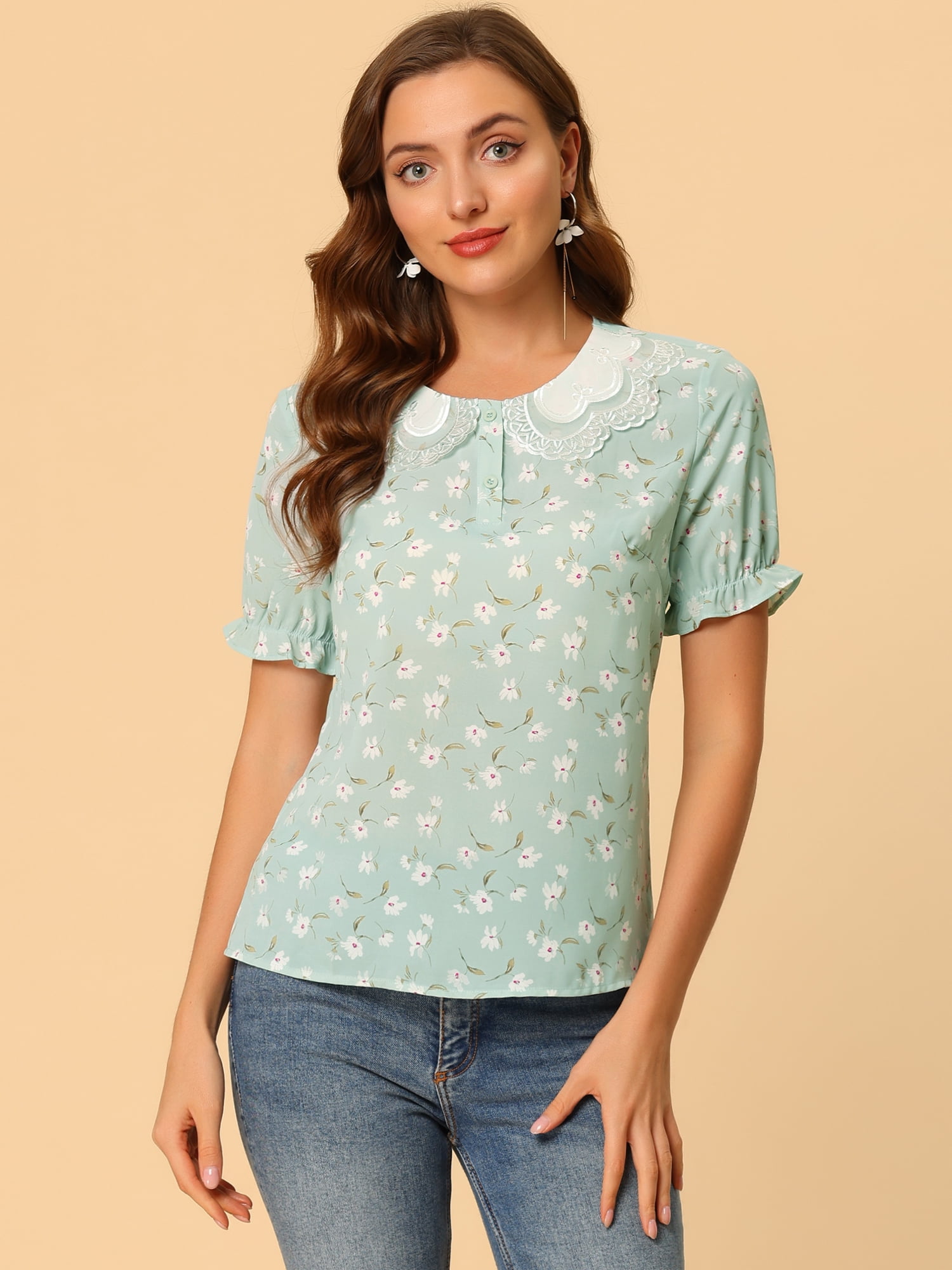 DARING DIVA Women's Ruffled Bubble Short Sleeve Floral Blouse M Green