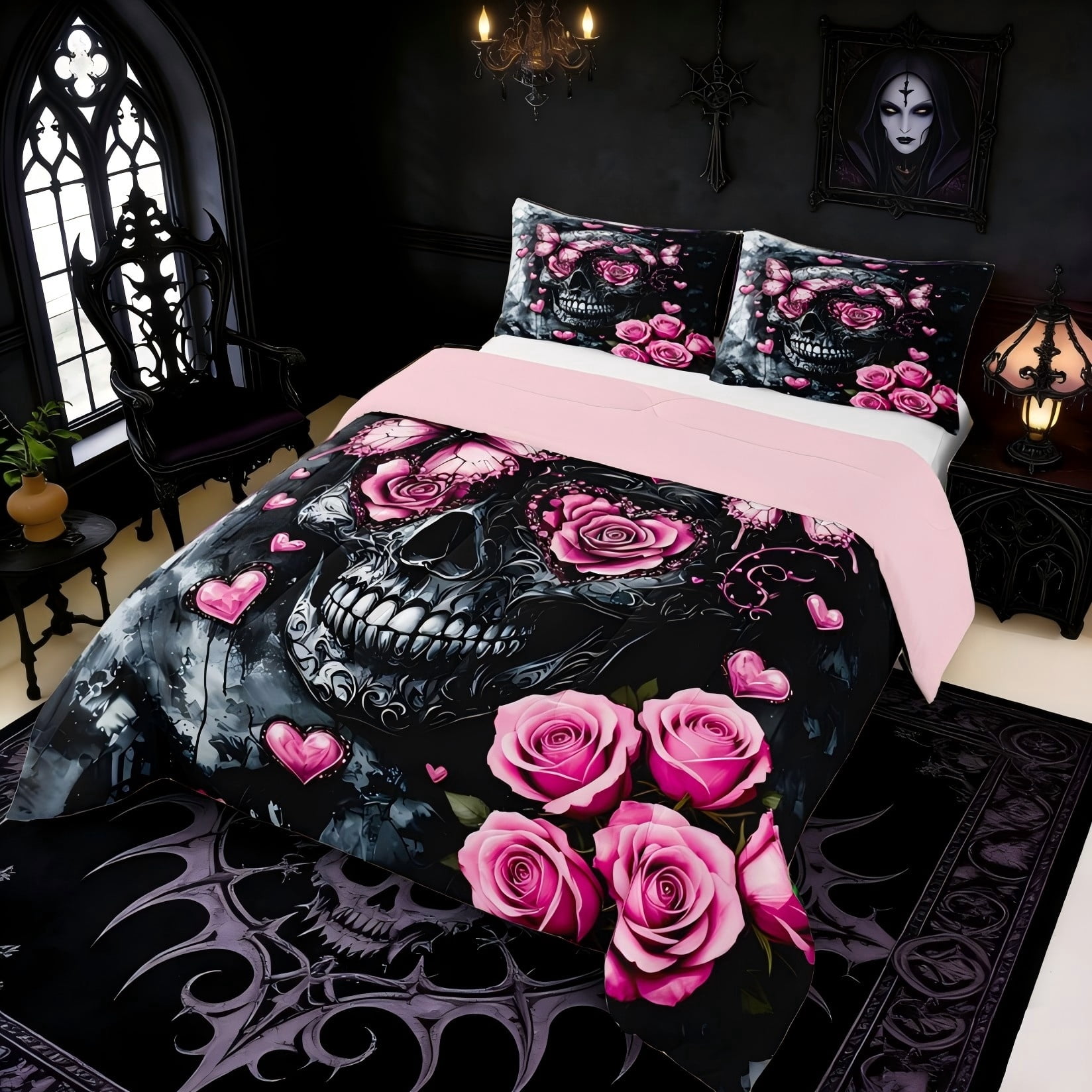 Erosebridal Teens Pink Rose Sugar Skull Queen Comforter Set 3pcs,Gothic Flowers Butterflies Bedding Comforter Set for Boys Girls,Pink Reversible,Super Cozy Room Decor