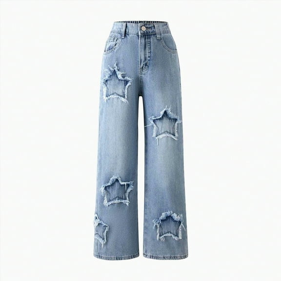 Hessimy Girls' Jeans Baggy High Waist Pants Wide Leg Pants Teen Clothing Justice Girls Clothing Cargo Pants (Light Blue,9-10 Years)