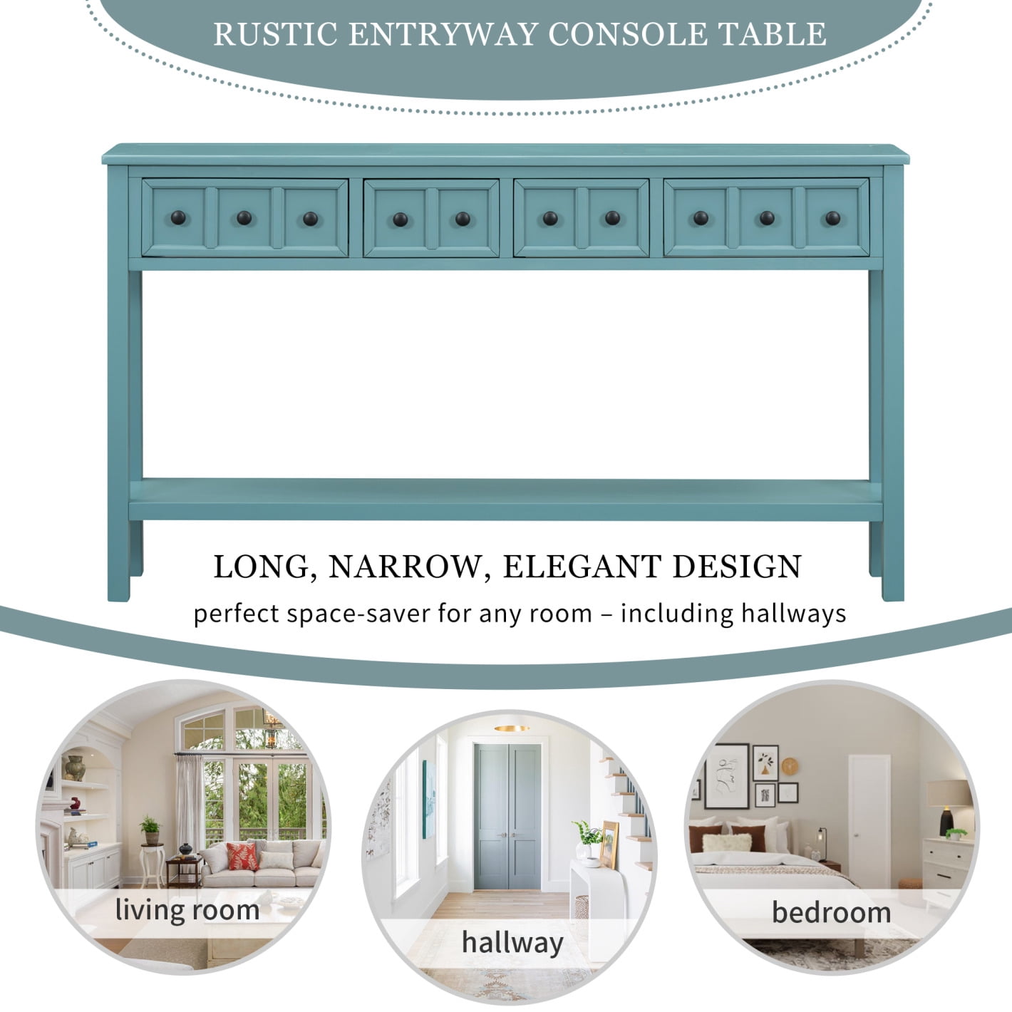 60-Inch Rustic Entryway Console Table, Long Sofa Table with 2 Small Drawers and 2 Larger Drawers, Bottom Shelf for Storage (Turquoise Green)