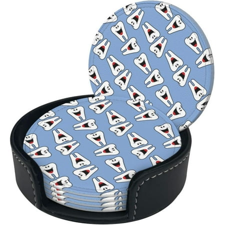 

Round Coaster Set of 6 with Holder Happy-Lovely-Teeth Leather Coasters for Drinks