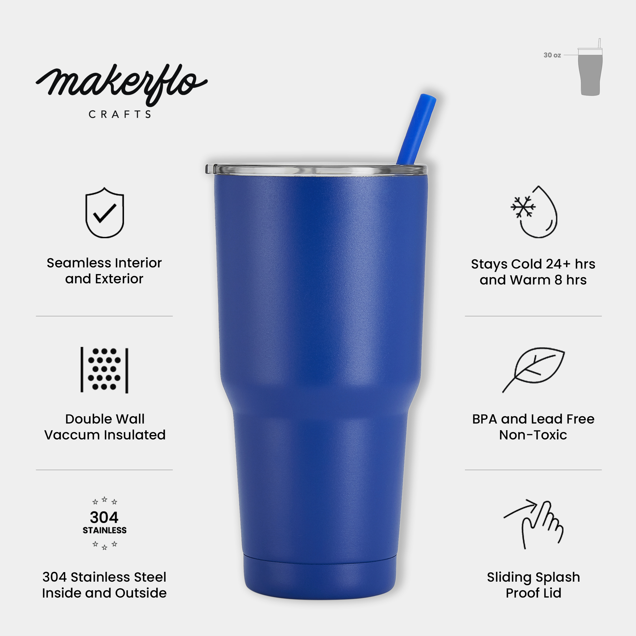 Makerflo 30 oz Powder Coated Tumbler, Stainless Steel Insulated