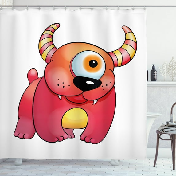 Cartoon Shower Curtain, Bizarre Devil Like Creature with 1 Eye and Horns, Fabric Bathroom Set with Hooks, 69W X 84L Inches Extra Long, Dark Pink Mustard Pale Orange Charcoal Grey, by Ambesonne