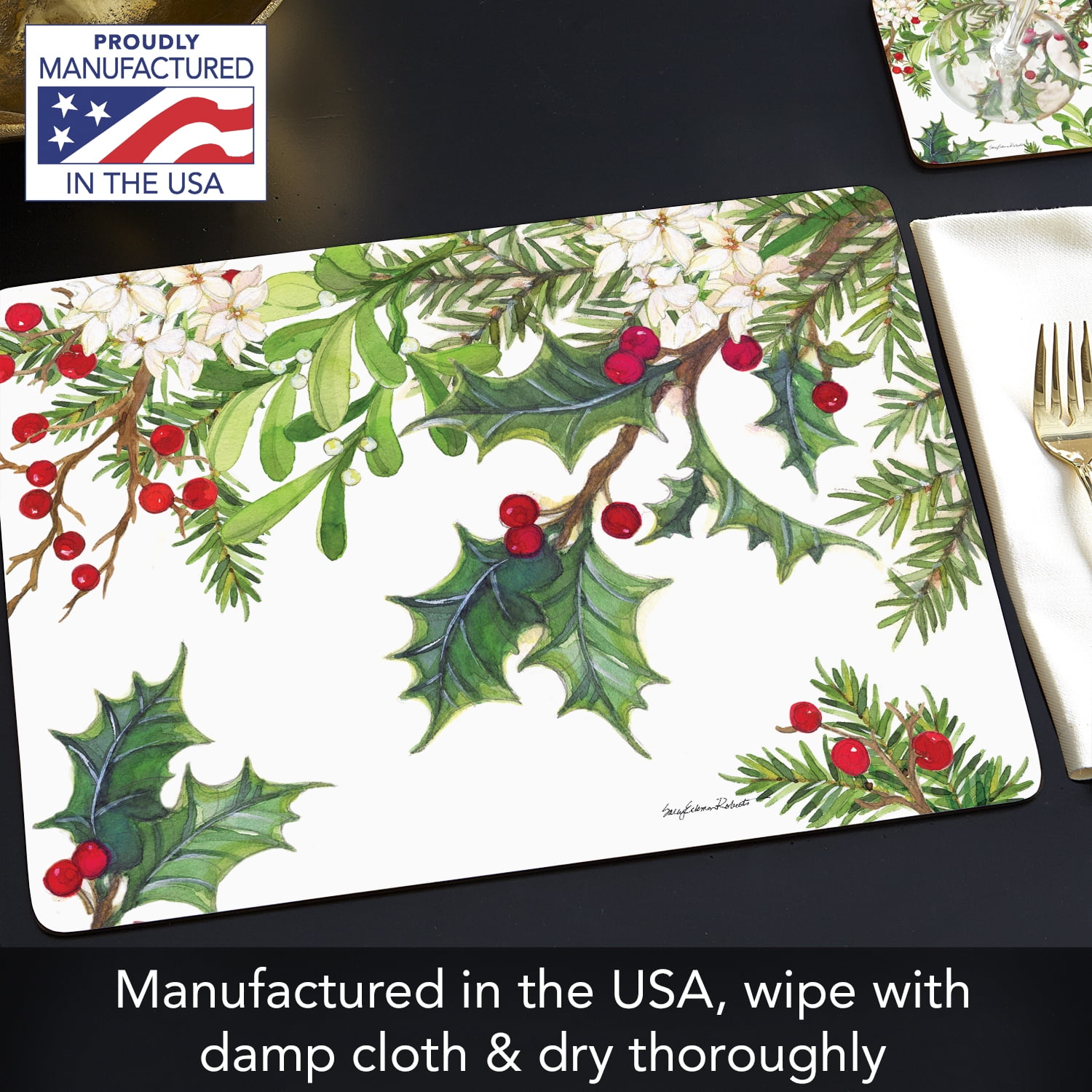 Cala Home "Balsam & Berries" Premium Decorative Hardboard Cork Back Tabletop Placemats 4 Pack
