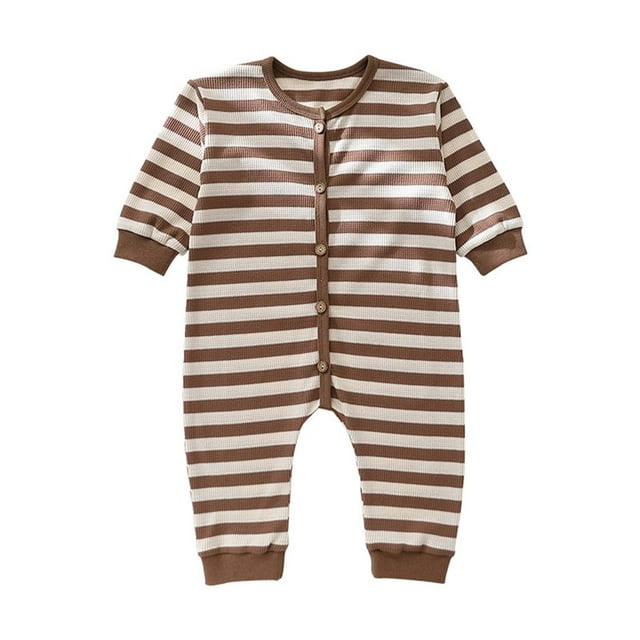 FAIWAD Unisex Baby Striped Cotton Romper Long Sleeve Round Neck Button Down Ribbed Jumpsuits