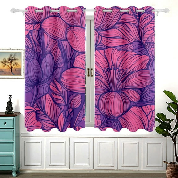 Floral Pattern in Pink and Purple 2 Panels 54x55 Inch Blackout Curtains Thermal Insulated for Living Room Bedroom