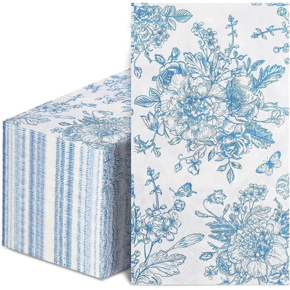 120 Pcs Blue Floral Disposable Decorative Napkins for Wedding, Bridal & Baby Shower, Tea Party