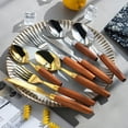 thumbnail image 2 of Zhuge Cuchara con mango de madera retro, cucharas para servir de acero inoxidable, cuchara de madera para la cena, cubiertos de plata con mango marrón, 4 piezas, 2 of 4