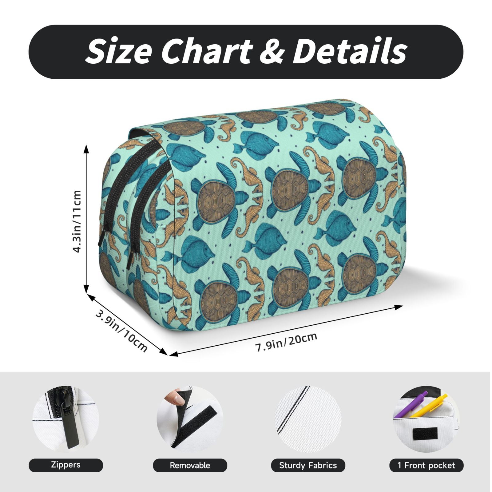 Rateoe Turtles And Seahorses Pattern Double Clamshell Pen Case, Storage Organizer with Two Zipper Compartments– Holds Up to 50 Pencils & Pens