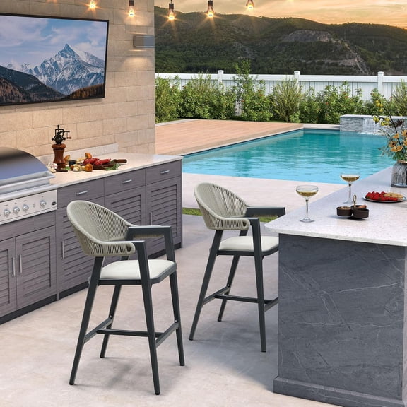 PURPLE LEAF Outdoor Bar Height Bar Stool Set of 2 Rattan Bar Chair with Back Aluminum Modern Barstools for Patio Backyard Indoor Kitchen Gray