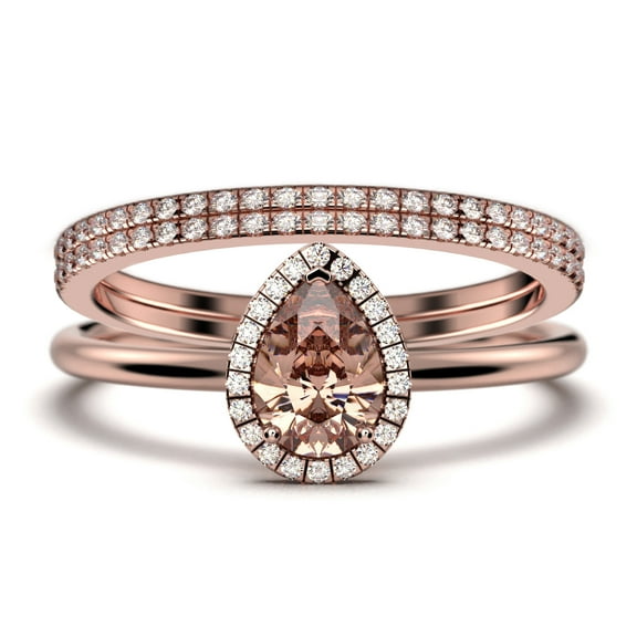 Beautiful Art Deco 2.25 Carat Pear Cut Affordable Morganite And Diamond Moissanite Engagement Ring, Classic Wedding Ring, Two Matching Band in 925 Sterling Silver With 18k Rose Gold Plating