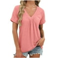 thumbnail image 3 of Womens Casual T Shirts V Neck Short Sleeve Tops Solid Color Front Pleated Loose Fit Summer Shirts for Women Blouses Basic Tee, 3 of 9