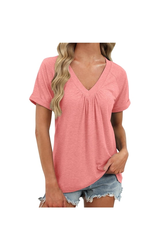 Flattering Summer Blouse  Women's Casual Solid Color V Neck Short Sleeve Top, Relaxed Fit Basic Tee in Breathable Cotton, Classic Everyday Layering Piece