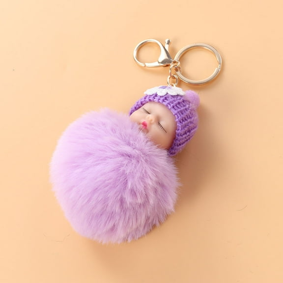 Milisten Fur Keychain Pom Plush Alloy Violet 1Pack