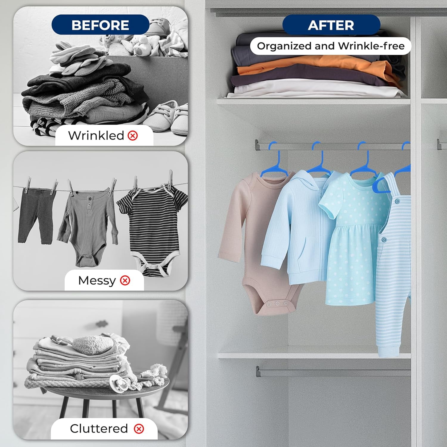 60 Pcs. Non-Slip Plastic Kids Hangers - Durable and Space-Saving Closet Organizers for Infants, Toddlers, and Kids' Clothing (Blue)
