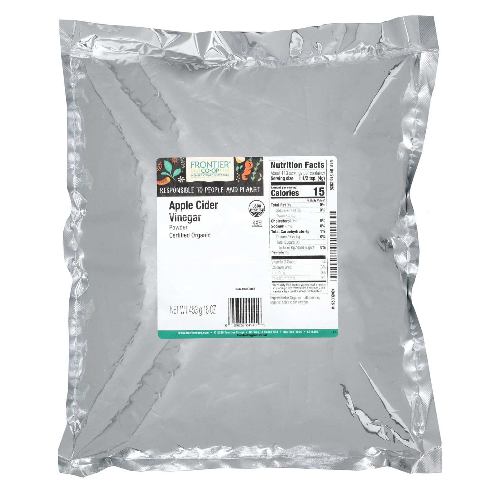 Frontier Co-op 4949 Apple Cider Vinegar Powder, Organic 1 lb.