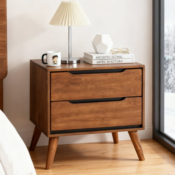 Leovanni Nightstand Mid-Century Modern Solid Wood with 2 Drawers, Aok