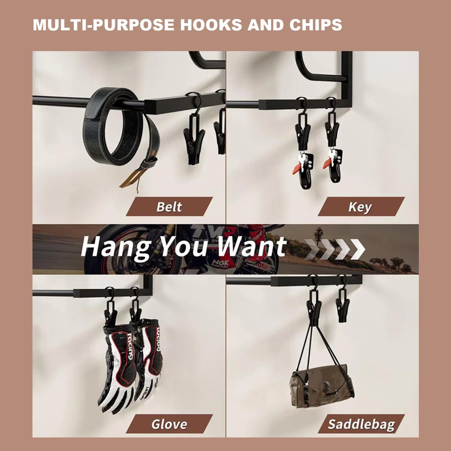 Motorcycle Helmet Holder Wall Mount with 4 Hat Stands - Rustic Wood & Iron Gear Storage Rack for Gloves, Keys, Jackets