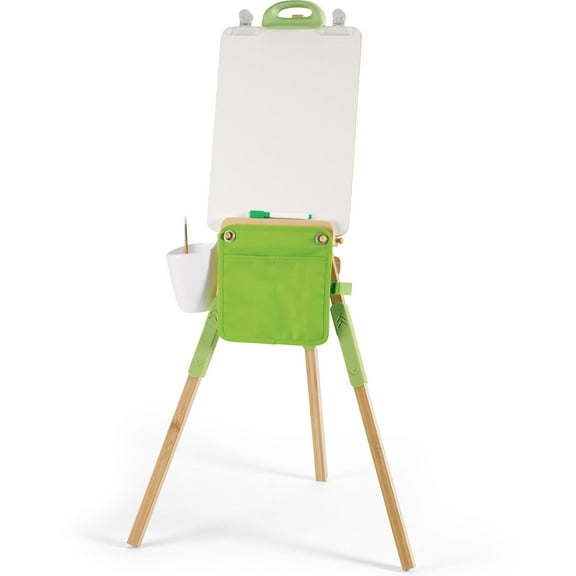 Hape: Portable Bamboo Easel - 14pc, Green & White, Whiteboard, Adjustable Height, Canvas Included, Supplies Pouch, Arts & Crafts Supplies, Kids Age 4 