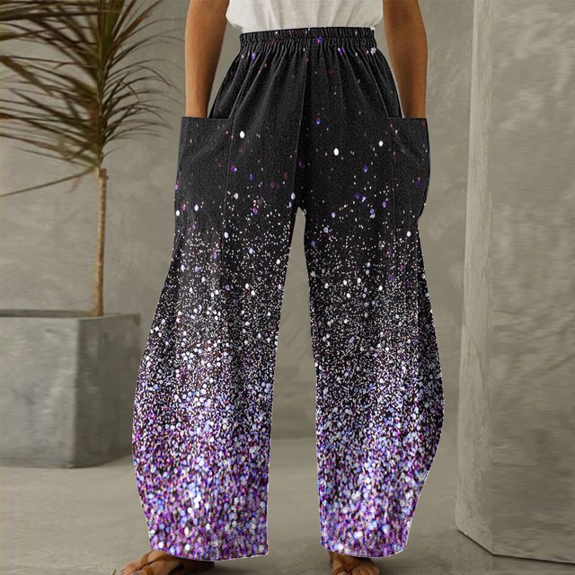 Pantalon Décontracté Confortable pour Femmes à Imprimé, Taille Élastique, Poches, Coupe Ample